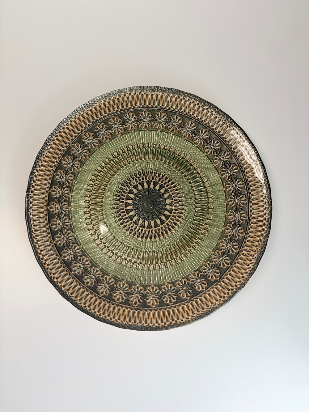 Glass Plate handmade in Turkey Charger Plate Green Gold Floral Medallion 11 Inch